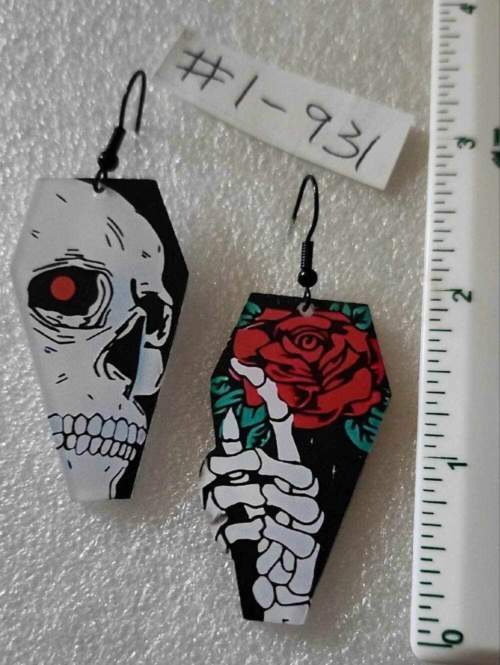 Hand Crafted Red Rose & Skull Coffin Earrings